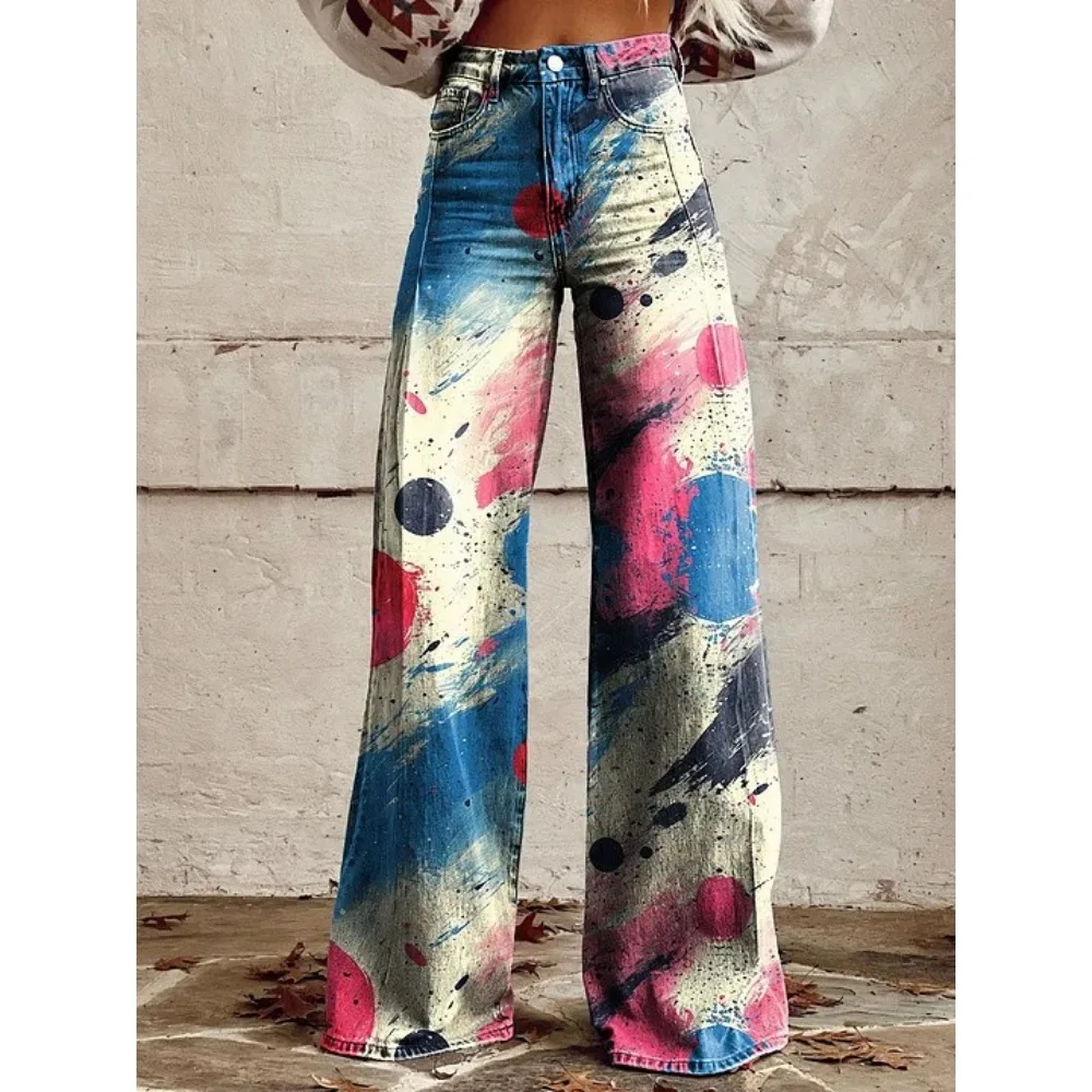 Damen Y2K Tie-Dye Graffiti-Print Hose mit hoher Taille und weitem Bein, Farbverlauf, Streetwear, lässige, lockere Hose mit Taschen, XXS-3X – Detail 7