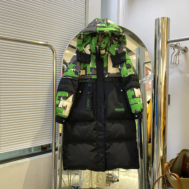 Winter Long Letter Print Hooded Parker Down Jacket Female Big Pocket Warm Knee Length Outwears Women White Duck Down Jacket Coat