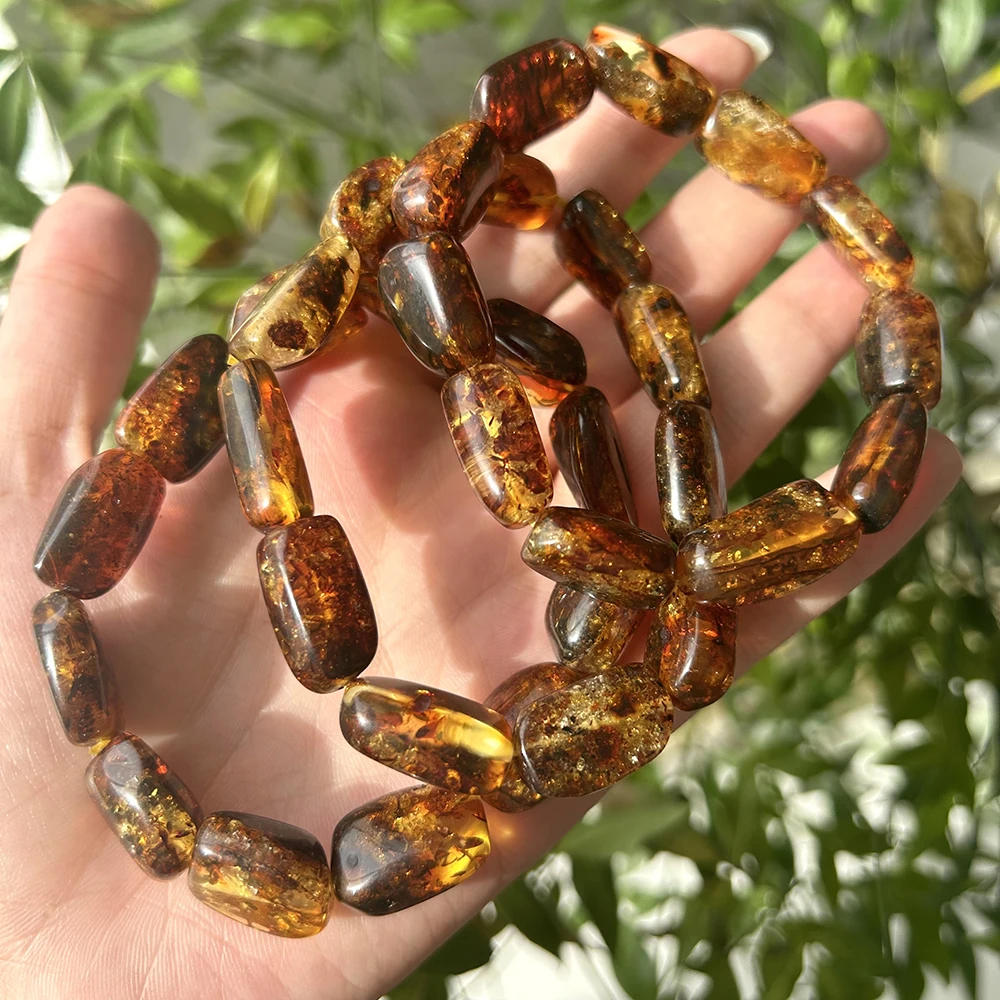 Natrural Flower Amber Irregular Nuggets Oval Beads Bracelet 10x15-13x18mm,With Defect,Jewelry for Men and Women Special Gift