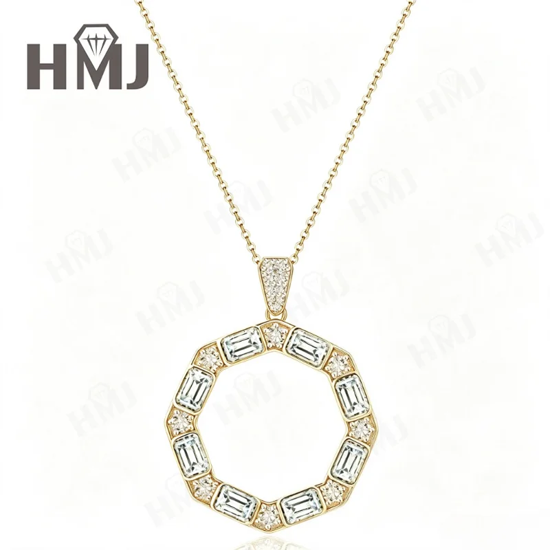 925 Sterling Silber Halskette mit Baguette-Schliff Moissanit Oktagonaler Kreisanhänger Hohlkreiskette Schmuckgeschenk für Frauen Charms – Detail 6