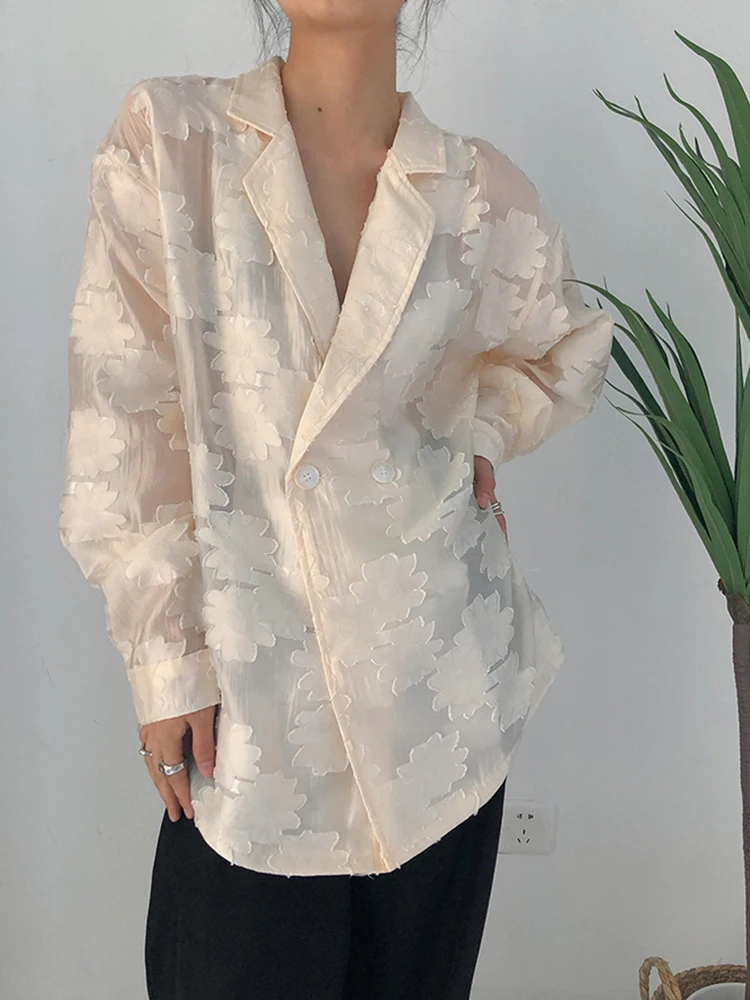 [EAM] camicetta di grandi dimensioni con ricamo Jacquard Beige da donna nuova camicia ampia a maniche lunghe con risvolto moda primavera autunno