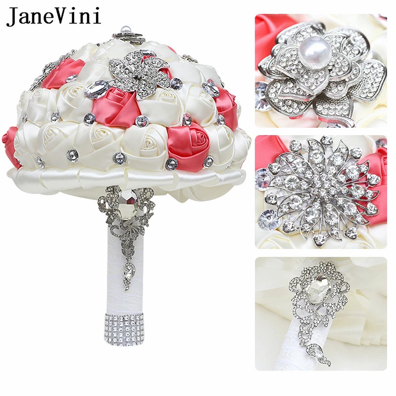 JaneVini Elegant Watermelon Ivory Crystal Wedding Bouquet Fleurs Luxe Beaded Rhinestone Bride Hand Flower Bridal Bouquet Mariage