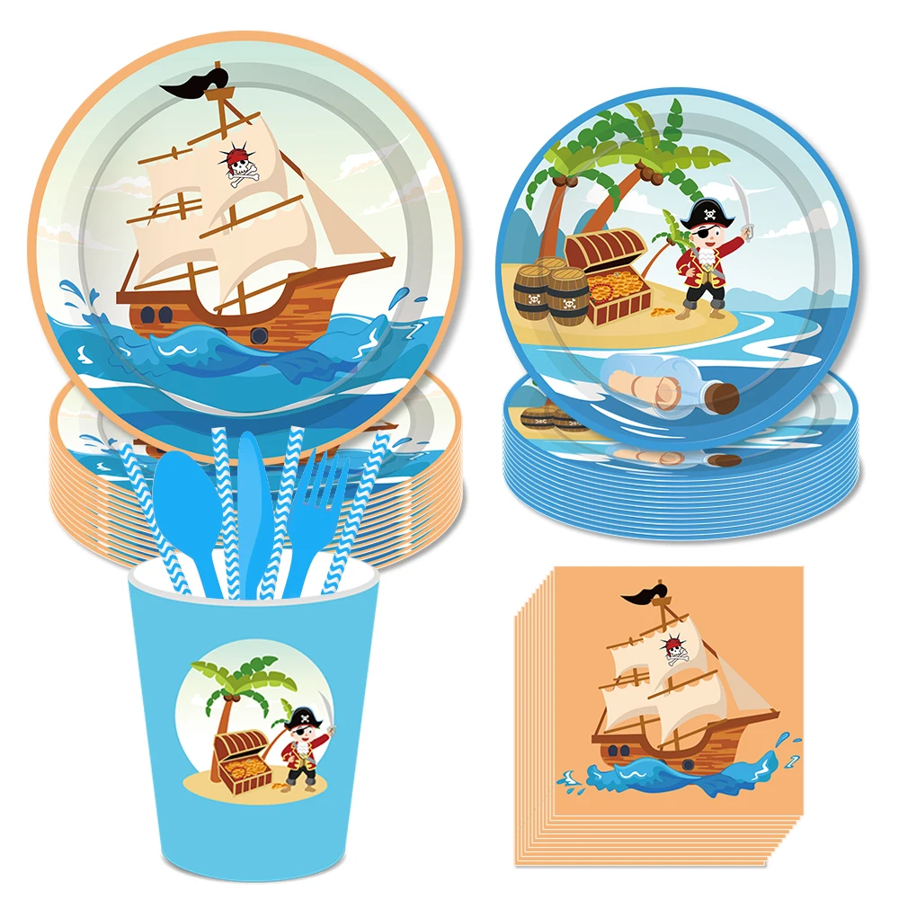 Cartoon Pirate Navigation Party Disposable Tableware Sets Ship Sail Birthday Plates Cups Napkins Baby Shower Party Table Decor