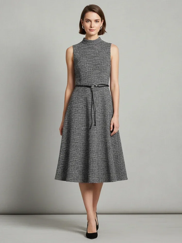 

Серое женское платье миди без рукавов с высоким воротом, на шнуровке, с завышенной талией, А-силуэт, повседневное, шикарное, плиссированное, для женщин, на каждый день, для работы, 2026