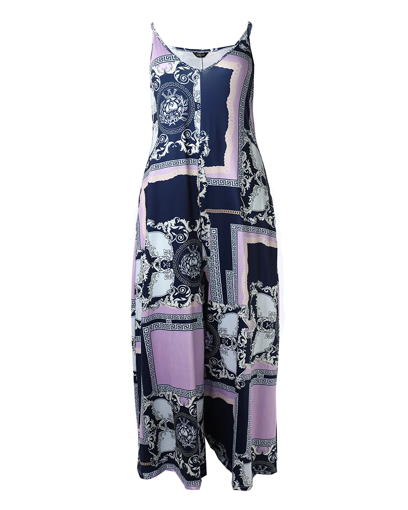 Plus Size Baroque Scarf Print Wide Leg Jumpsuit