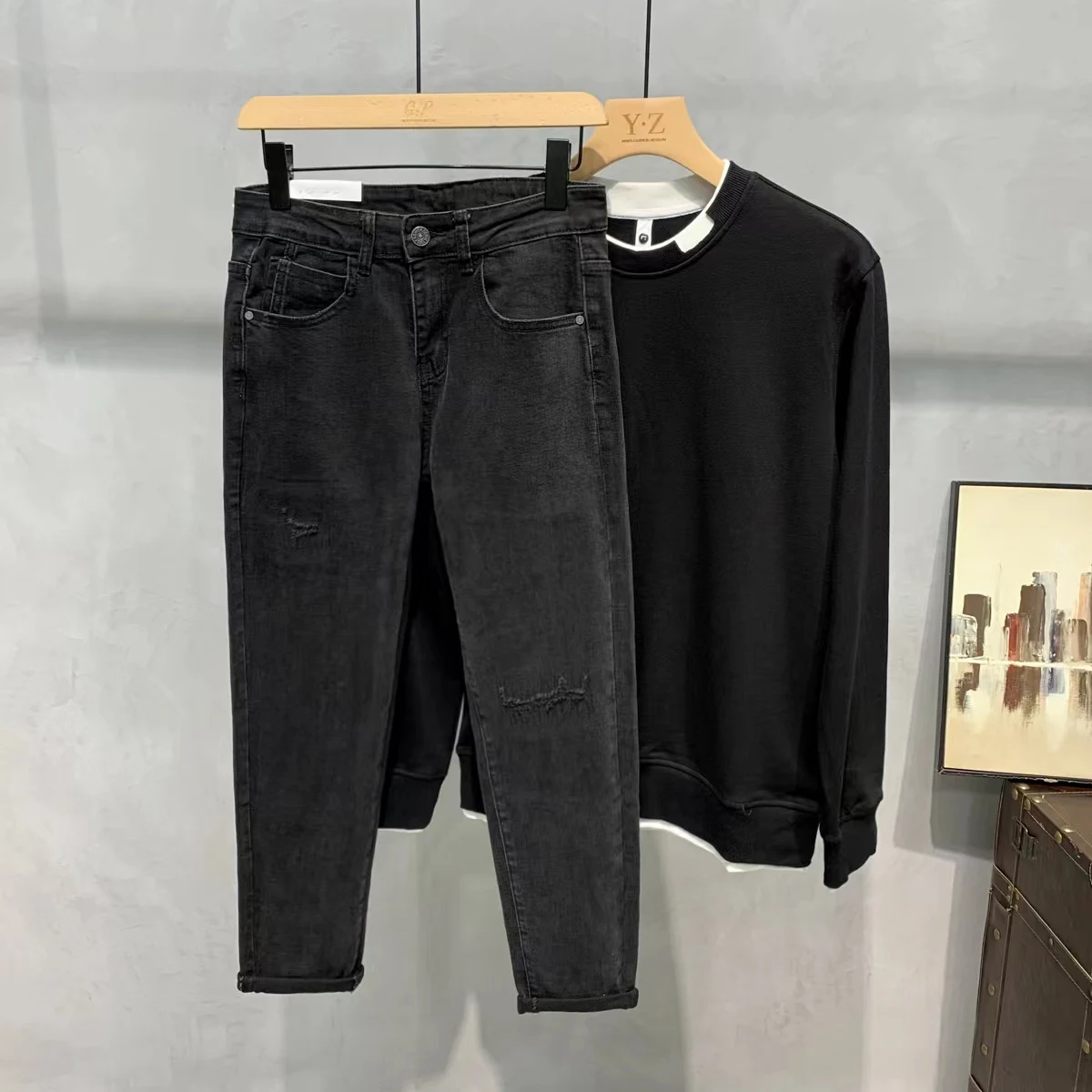 

Bla Waed Distred Jeans Men's Comfortable Long Pants Autumn Faionable Versatile Elastic Denim Casual Youth Sle