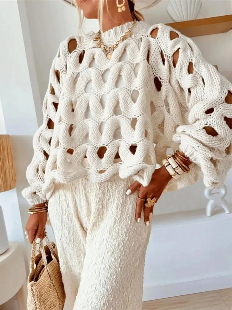 

BKQU Casual Hollow Out Knitted Sweater Women Elegant O-neck Long Sleeve Crochet Pullover Loose Knitted Tops Autumn Winter 2025