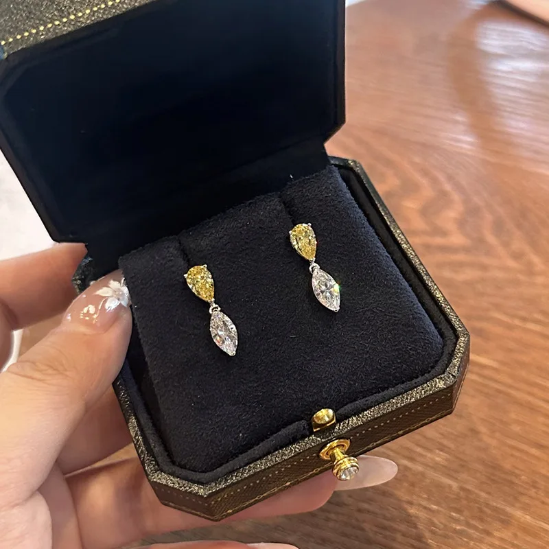 Minween Teardrop Marquise Two Stone White Yellow Diamond Stud Earrings with 925 Silver Party Gift Jewelry