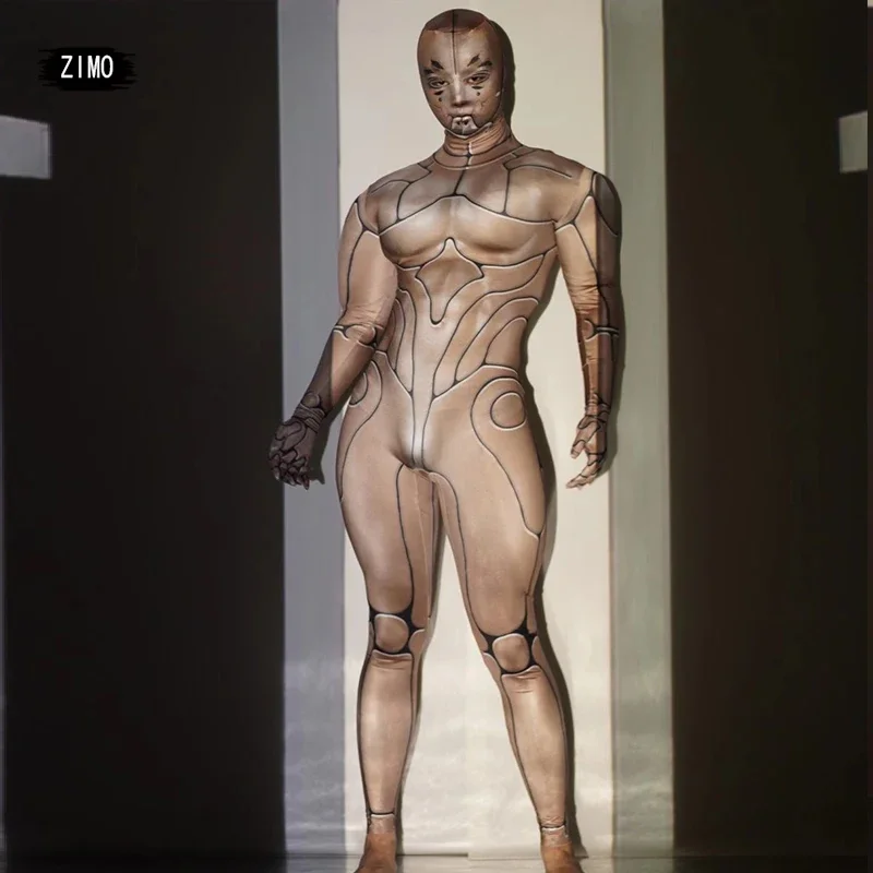 

Halloween Costume nude Bar nightclub Party Role Playing 3d Machine men Jumpsuit Cosplay DJ Pattern Stretch Tights rave festival