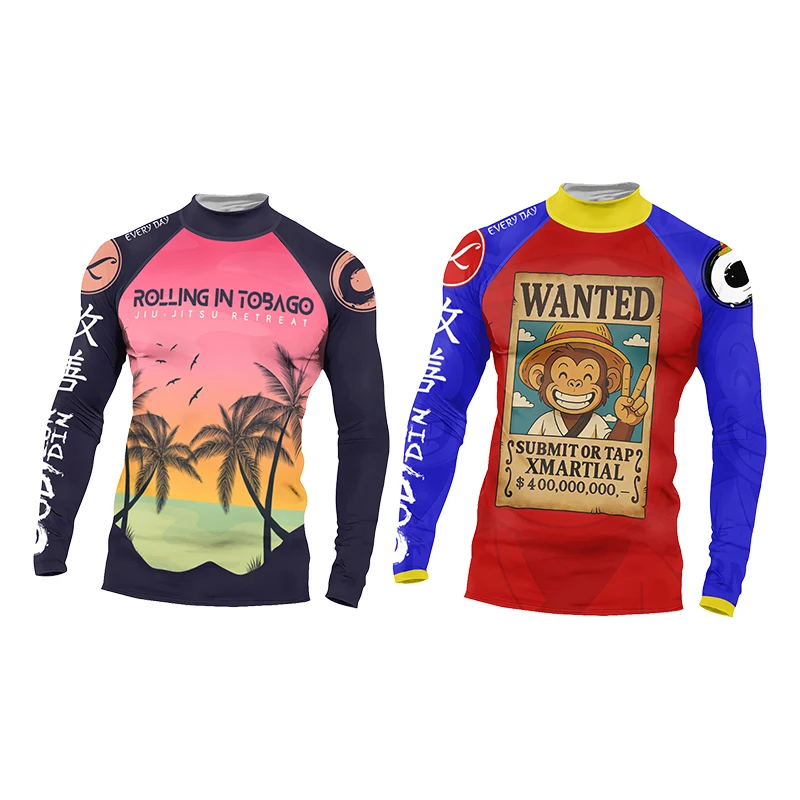 Cody Lundin Men's MMA BJJ Rash Guard Long Sleeve Compression O-Neck Printed Quick Dry Grappling Boxing Gym Training Sport Shirt