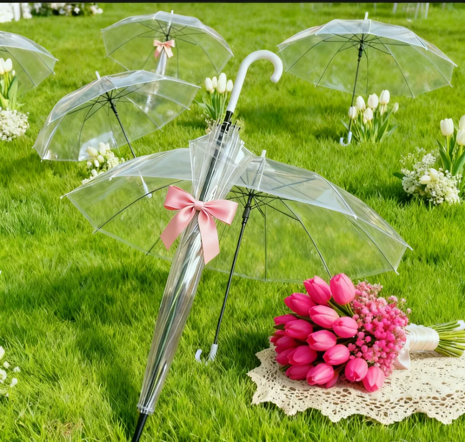 

Bulk Transparent PVC Umbrellas - Long Handle, Rainproof Windproof, Multi-Color Wedding/Daily Use
