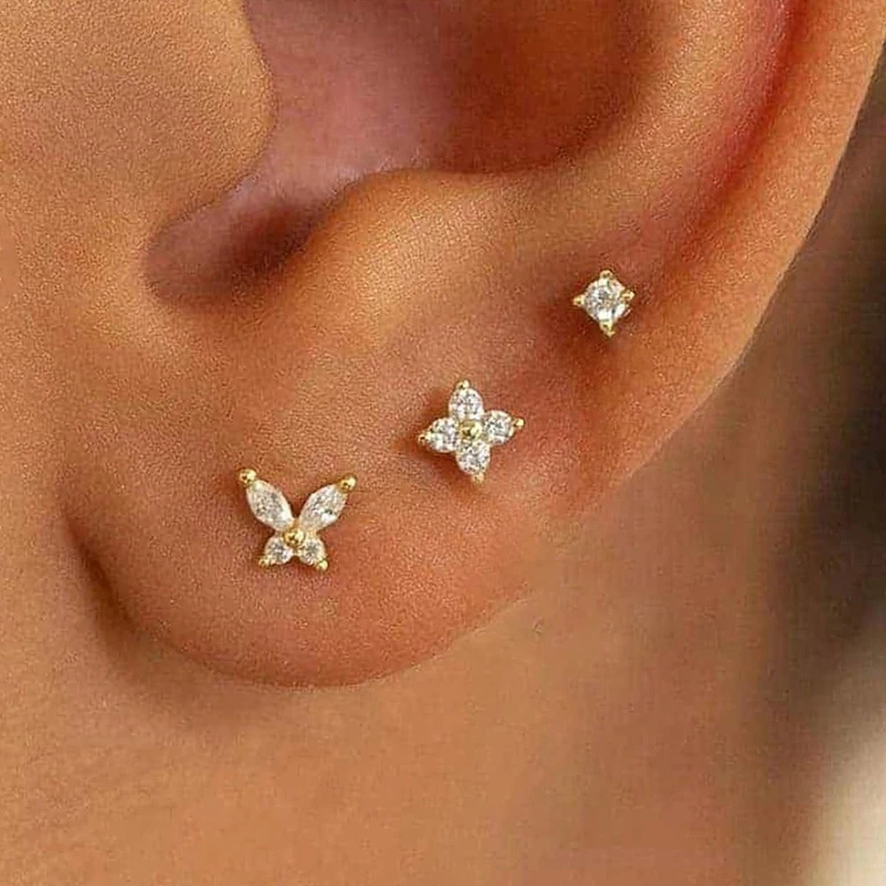 3PCS Shining Zircon Butterfly Stud Earrings For Women Stainless Steel Fashion Flower Ear Stud Temperament Daily Wear Jewelry