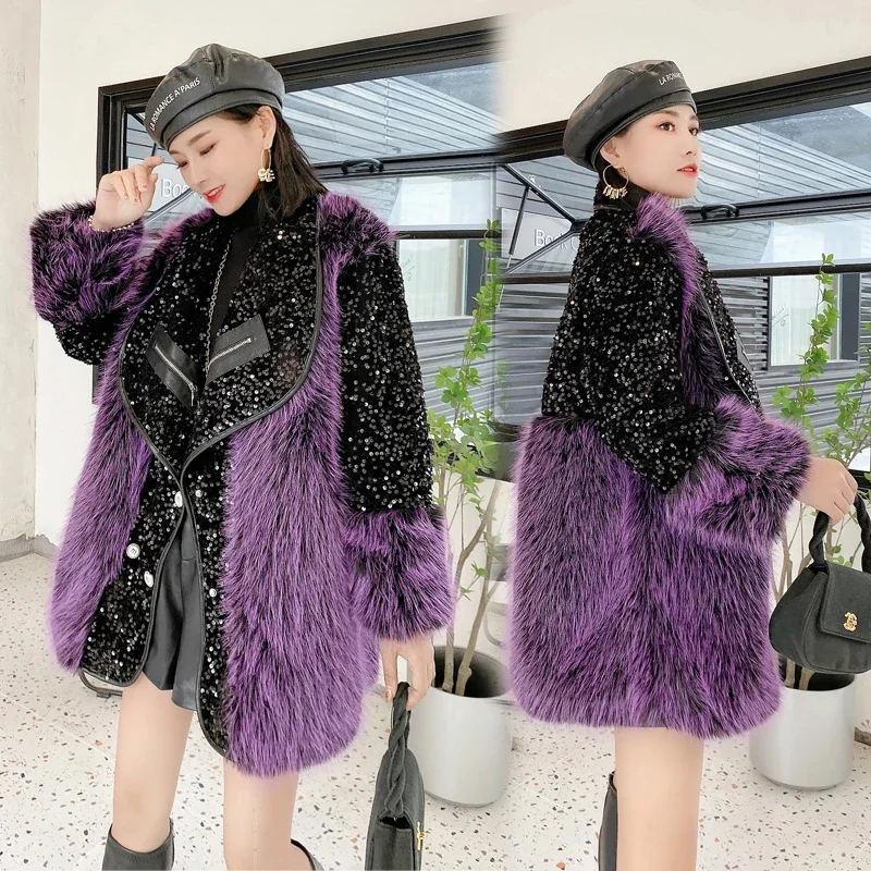 Fashion Sequin Stitching Imitation Rabbit Fur Coat Women Autumn Winter New Casual Loose Jacket Thick Warm Mid-length Outwear