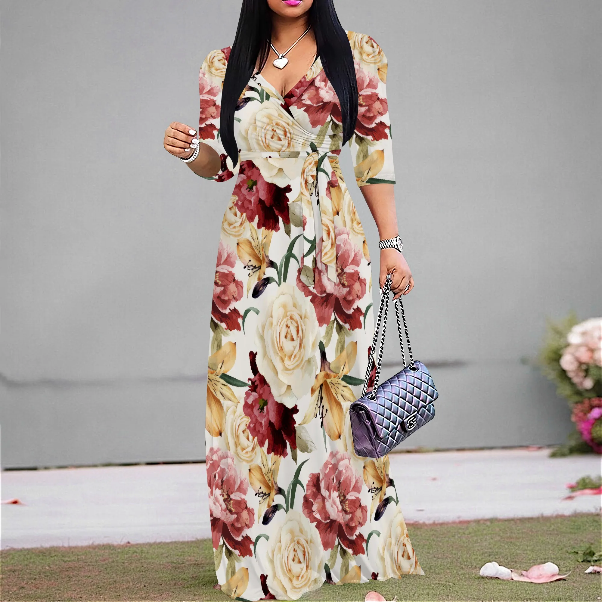 

Large Floral Print Wrap Maxi Dress Plus Size V Neck Half Sleeve Elegant Party Wedding Outfit