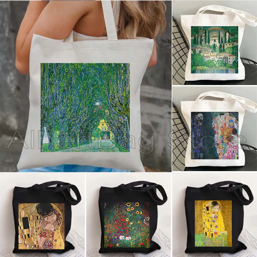 Austria Gustav Klimt Painting Gifts Farmhouse Kiss Death and Life Flower Garden Print Canvas Totes Bag Casual Shopper Handbags