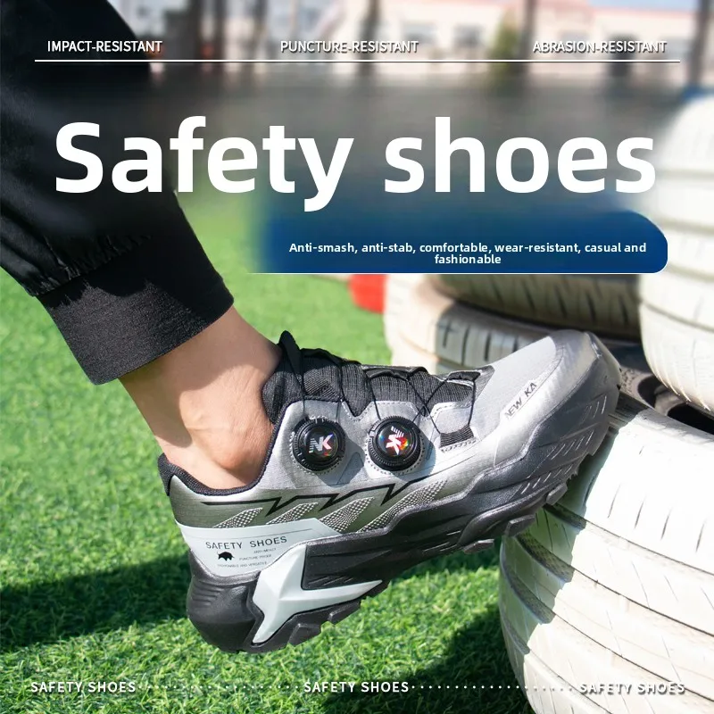 Four Season Steel Toe Safety Shoes Anti Smash Puncture Proof Rotating Button Lacing Breathable Lightweight Construction Work Boo