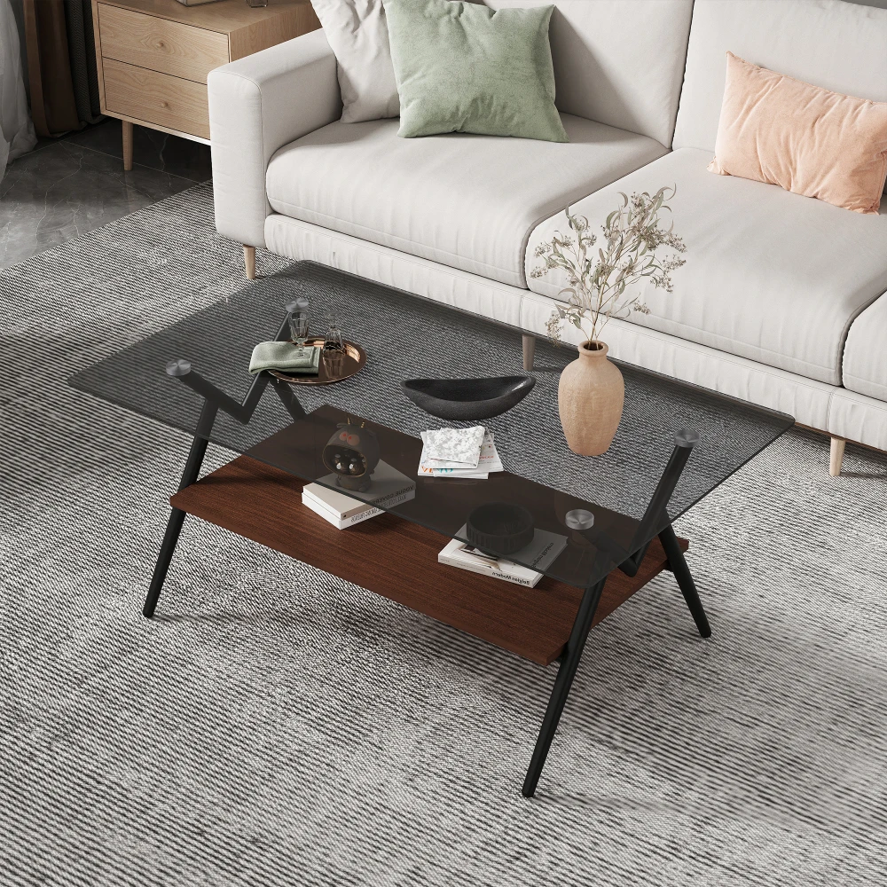 Rectangle Coffee Table with Tempered Glass Top and Brown MDF Shelf Modern Table for Living Room Gray Glass