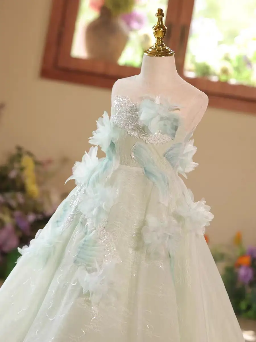 Dreamy Vow D009 Ragazza di fiore verde salvia Elegante principessa Fiori in rilievo Festa lunga Matrimonio Compleanno Spettacolo Serata Abiti per bambini