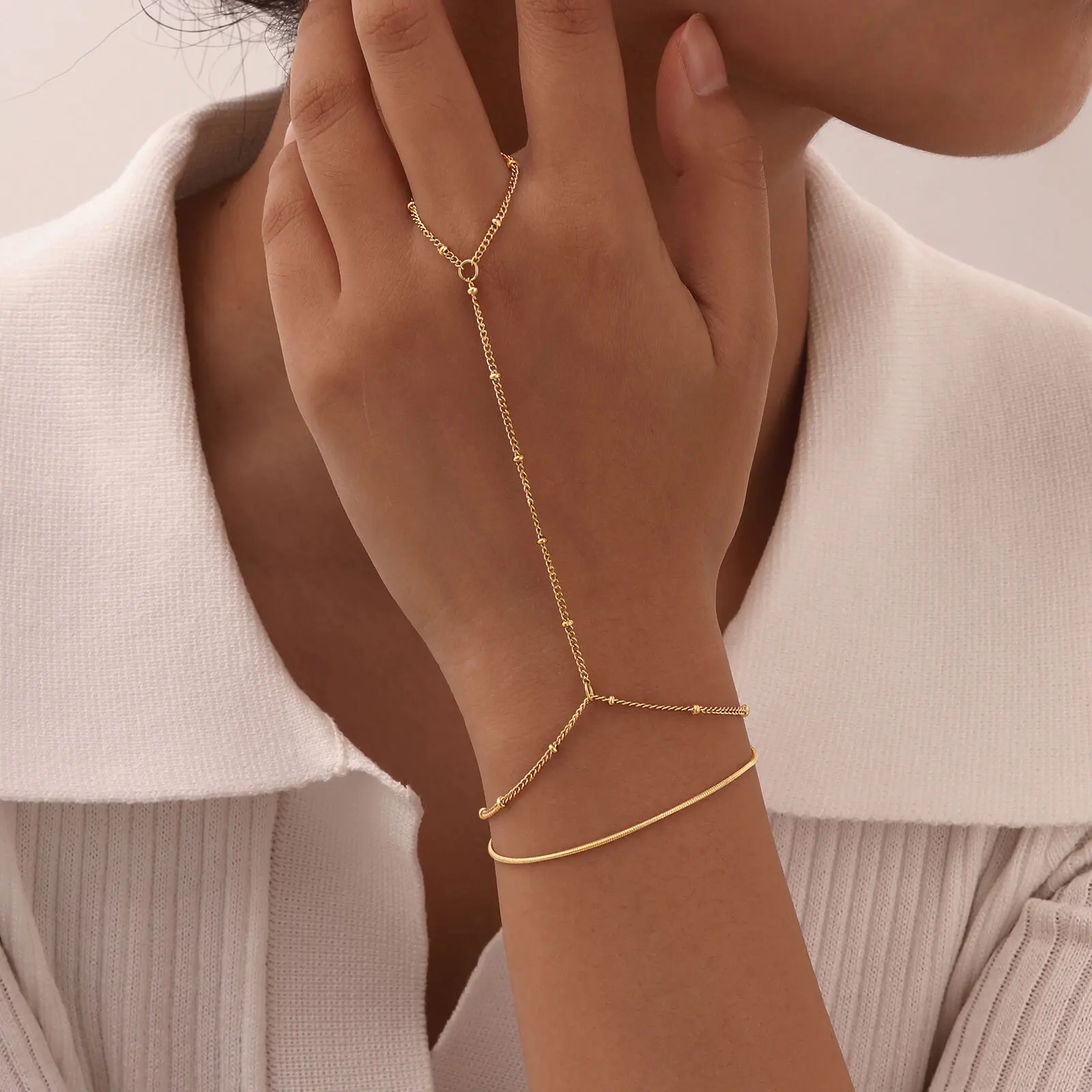 Exquisite Vintage Wrist Bracelet for Women Finger Ring Chain Charms Beads Bracelet Chain Lady Trendy Aesthetic Jewelry Set