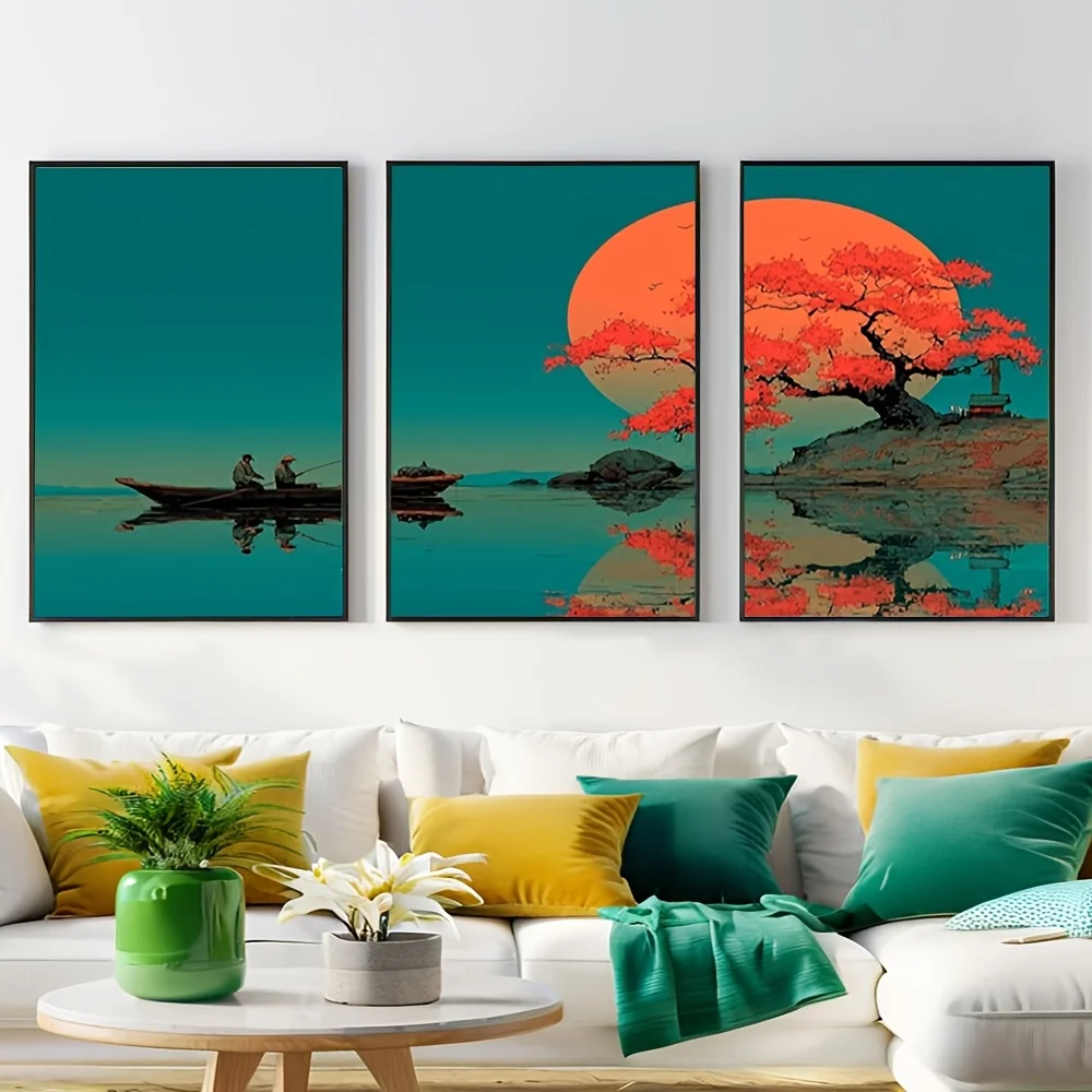 Set of 3 Unframed 2D Nature-Themed Wall Art Featuring Mountains, Lakes, Trees, And Sunsets, Perfect for Decorating Living Roo