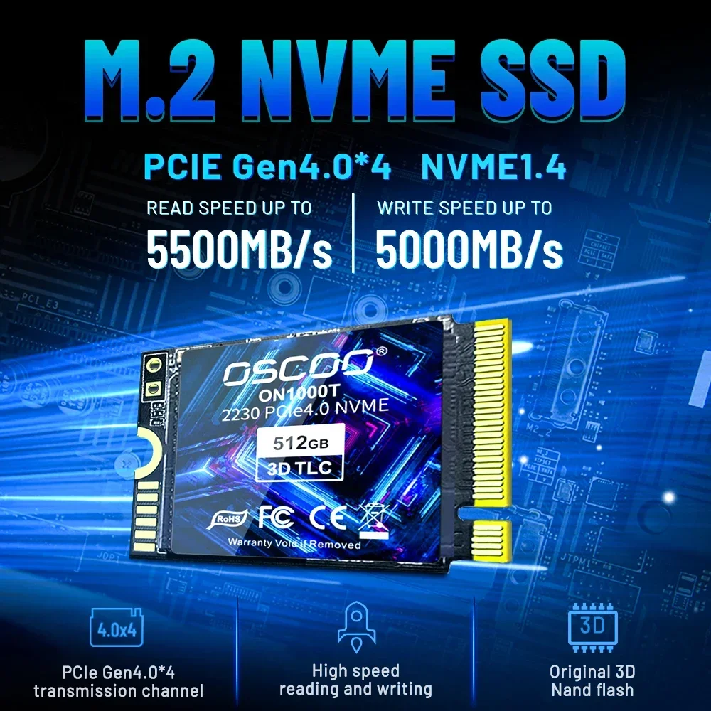 OSCOO-Disque SSD interne M.2 NVMe PCIe Gen4.0 x 4, 2230 SSD, 512 Go, 1 To, compatible avec Steam Deck 3D TLC Nand Flash SSD