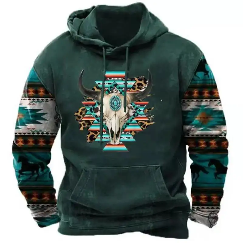 North America Demon Wendigo Print Hoodies Western Cowboy Hooded Sweatshirts Daily Casual Oversized Pullovers Vintage Streetwear