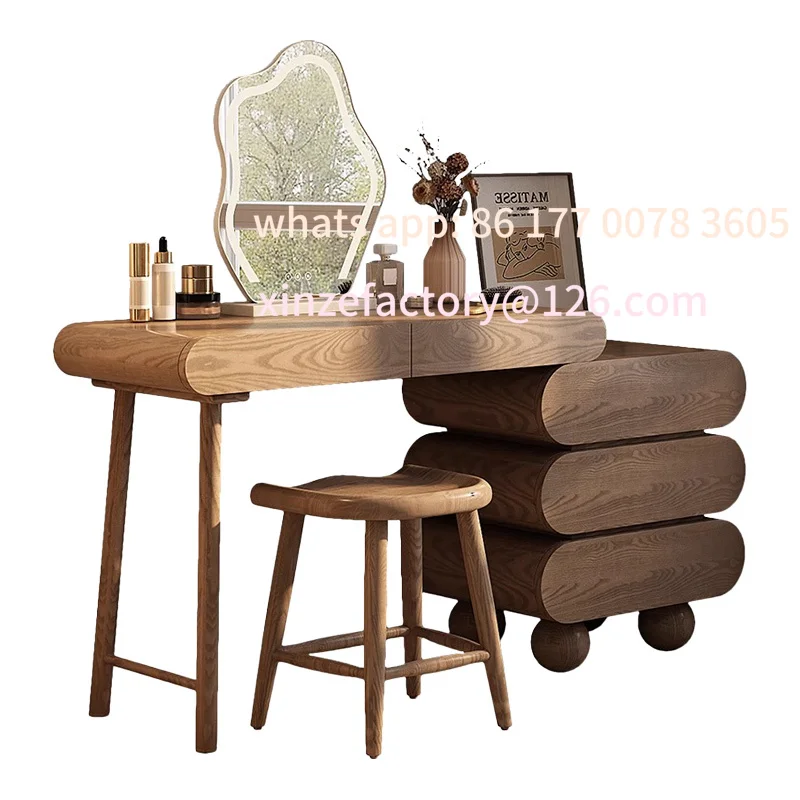 

Customizable Space Saving Makeup Vanity Desk Solid Wood Coiffeuse De Chambre Simple Nordic Vanity Table Dest Storage Brown Long