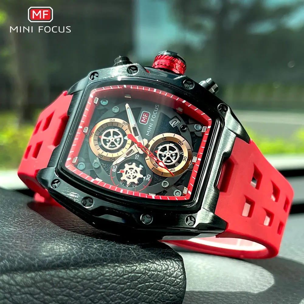 MINI FOCUS Men\'s Watch Fashion Sport Waterproof Chronograph Quartz Wristwatch with Luminous Hands Auto Date Red Silicone Strap