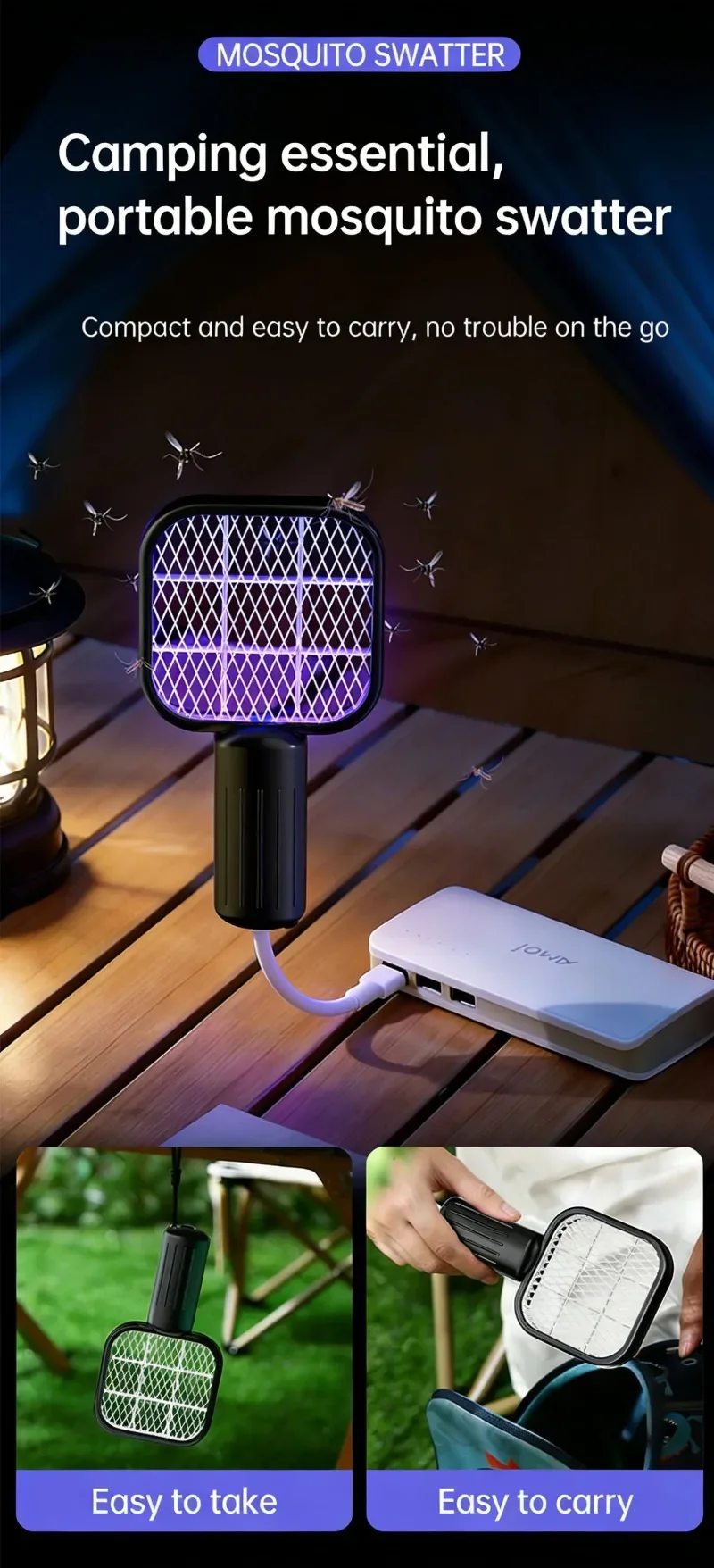 Portable Trap Mosquito Killing Lamp Fly Swatter Mini USB UV Mosquito Swatter for Outdoor Picnic Camping Hotel