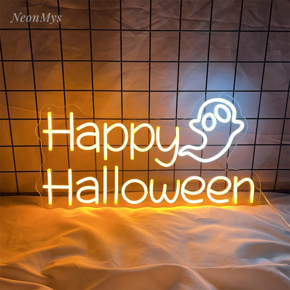 

Happy Halloween Ghosts LED Neon Sign Lights Party Bar Home Gaming Room Club Decorations Wall Halloween Day's Decor Gift