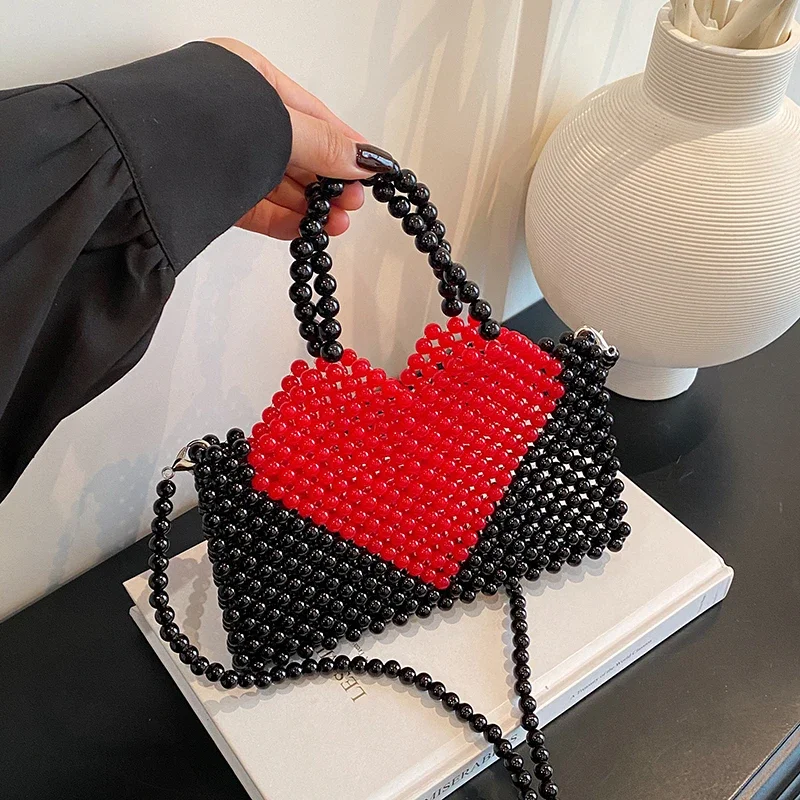

Love Heart Bag Lady Designer Hollow Out Beaded Crossbody Bag Vintage Handamde Woven Handbag Luxury Pearl Wedding Bag