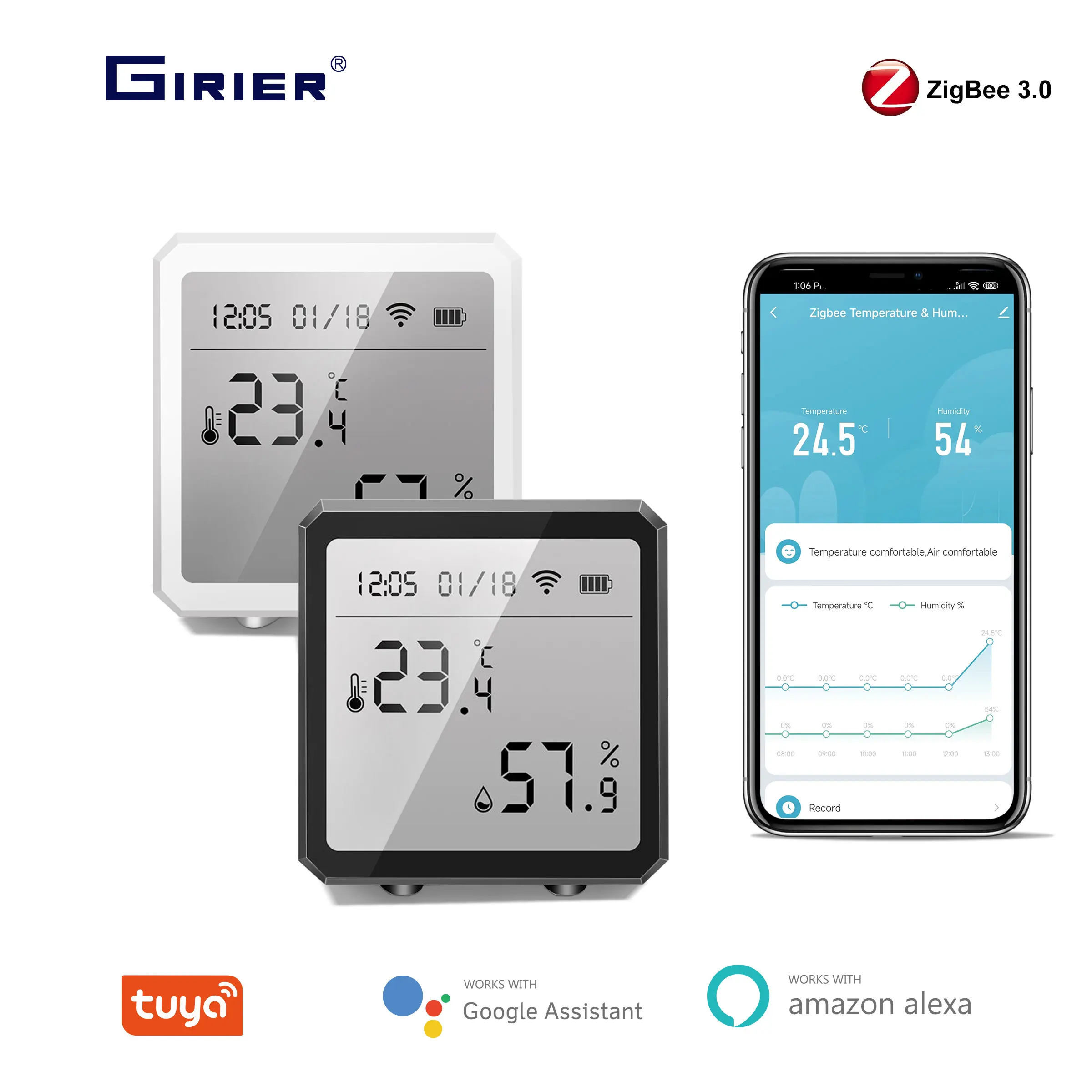 GIRIER Tuya ZigBee Smart Temperature Humidity Sensor Wireless Smart Thermometer Hygrometer LCD Screen Work with Alexa Hey Google