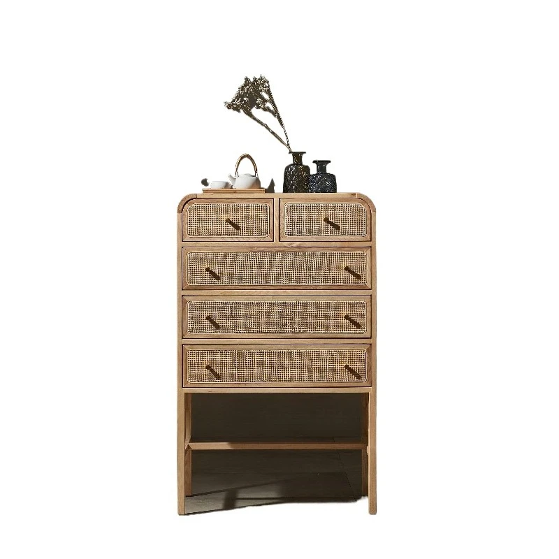 

Japanese-style wabi-sabi wind rattan chest, living room high-footed entrance cabinet, five-dou solid wood