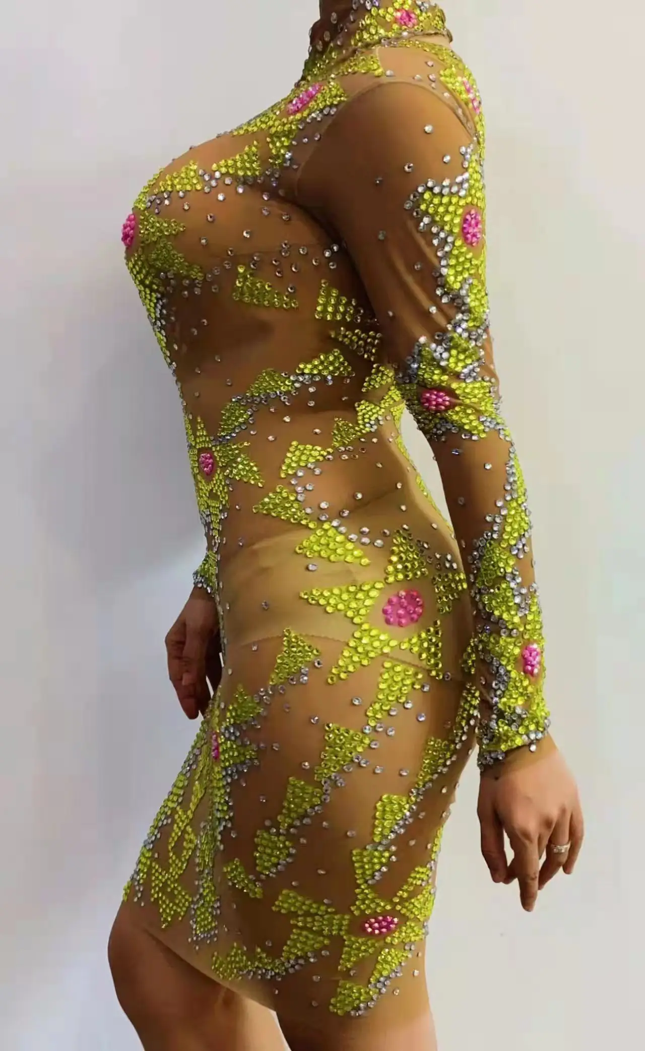 Sexy brilhante strass transparente bodycon vestido feminino cantor anfitrião ver através do traje de palco aniversário baile festa vestido curto