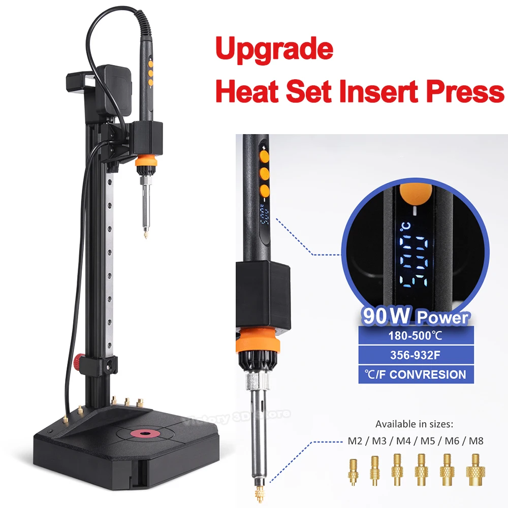 

Upgrade PRO Heat Set Insert Press Tool Adjustable Vertical Thermoset Insert Press with 90W Soldering Iron Thermoset Tip M2-M8