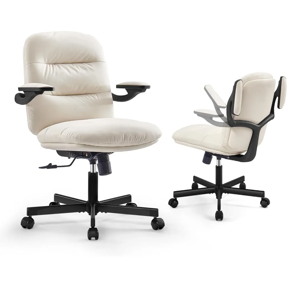 

Ergonomic Home Office Desk Chairs With Wheels Mid-Back Vanity Chair With Flip-up Arms Adjustable PU Leather Swivel - Light Beige