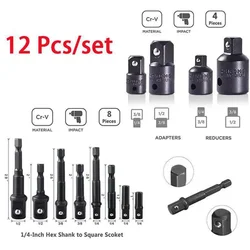 12pcs Impact Socket Adapter Set 25mm-73mm 1/4 Hex Shank Extension For Cordless Drill Quick Change Nut Driver Conversions