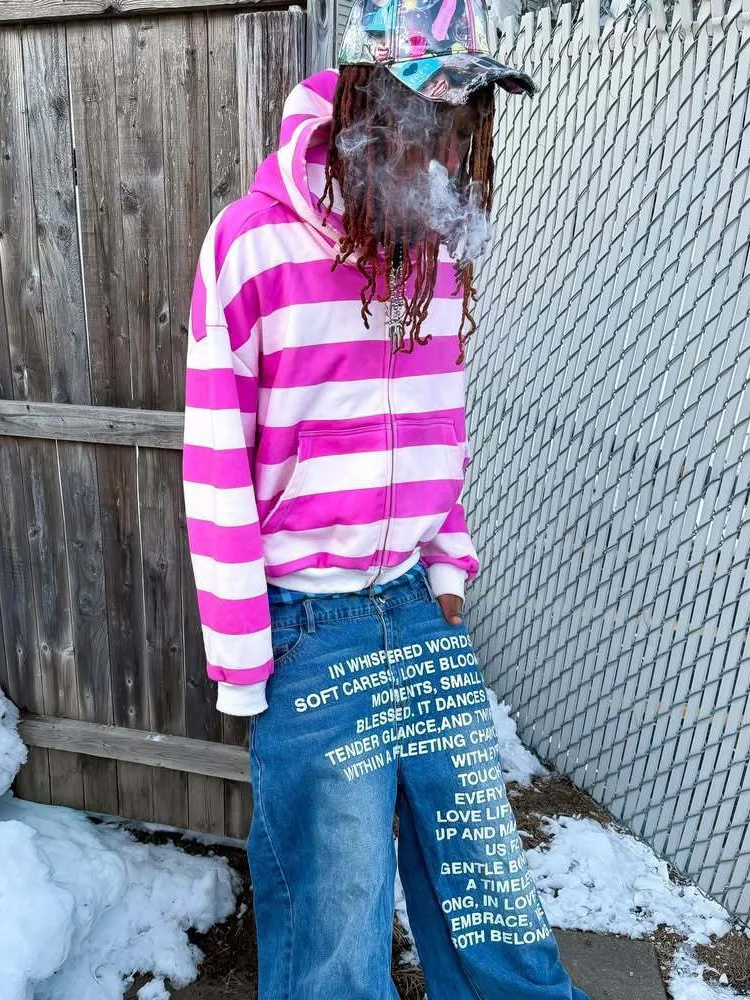

Spring and Autumn Street Y2K Purple Pink Wide Stripe Zipper Hoodie Women's Hairy Pocket Long Sleeve Soft Casual Sweatshirt