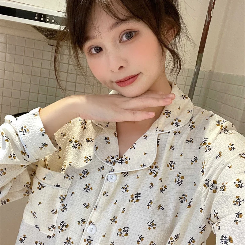 

Women's Spring and Autumn New Ins Style Pajamas Women New Bubble Cotton Long-Sleeved Sweet Wind Simple Pajamas Homewear Set
