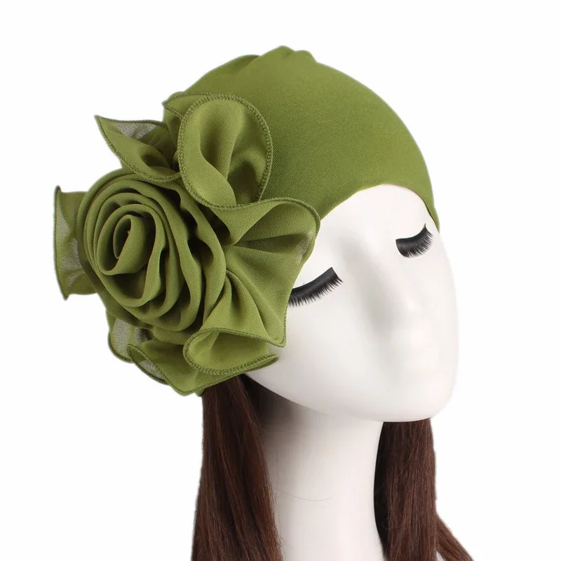 Chapéu de turbante flor grande para mulheres, pano elástico monocromático, envoltórios muçulmanos, bandana senhora, acessórios para cabelo, moda