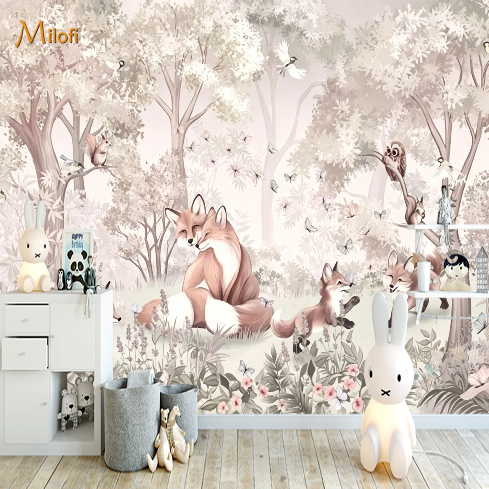 Custom Mural Wallpaper Watercolor Fox Family Forest Wall Mural, Squirrel Bird Butterfly Tree Wall Decor for Kids Nursery