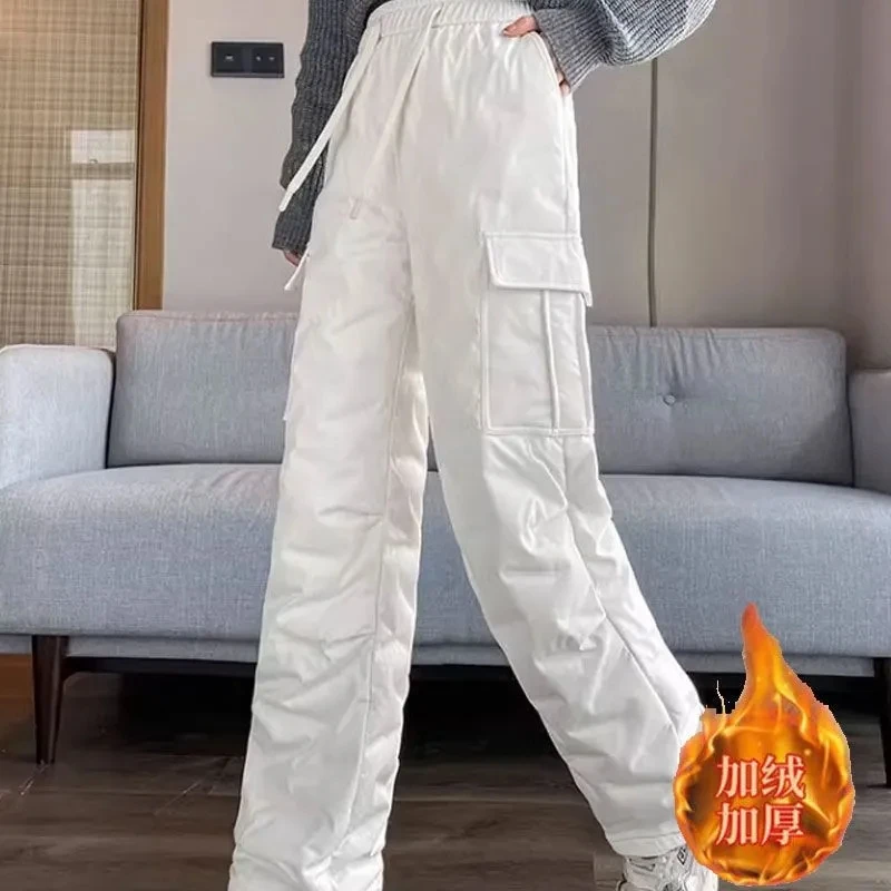 Fashion Elastic Waist Cotton Trousers Women Winter Loose Pockets Warm Straight Pants Woman High Waist Thicken Cotton Pants Lady