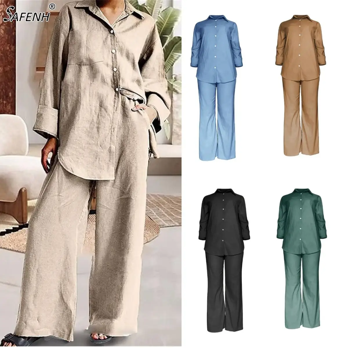 

2 Pcs New Outfits For Women Cotton Linen Long Sleeve Button Down Shirts Pants High Waisted Travel Track Suits 2024