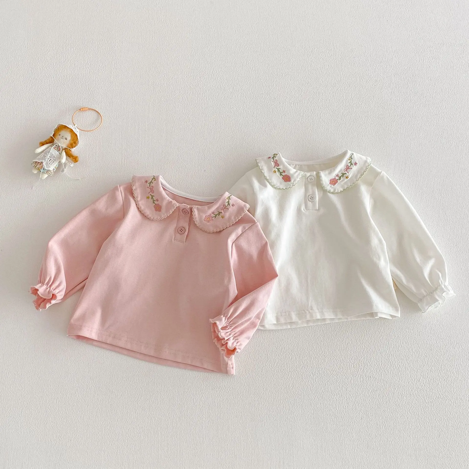 Girls' Embroidered T-shirt 2026 New Spring Baby Floral Doll Collar Korean Version Bottom Shirt Children's Stylish Spring Dress