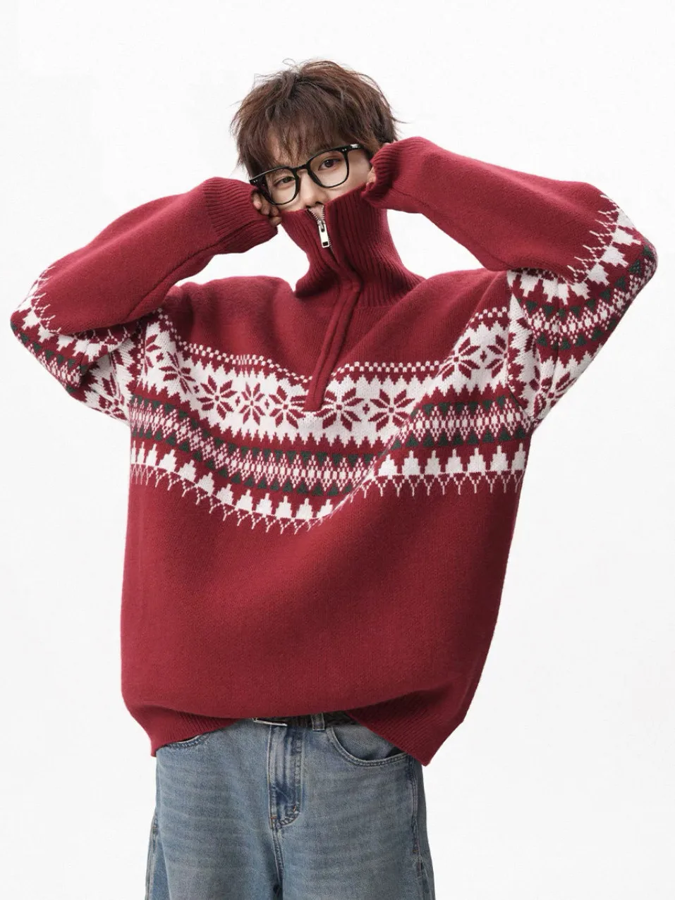 

Loose Fit f Zip Knitwear Men's Winter Sweater Red Color Blo Year New Year Casual Sle Polyester Fiber Long Sve