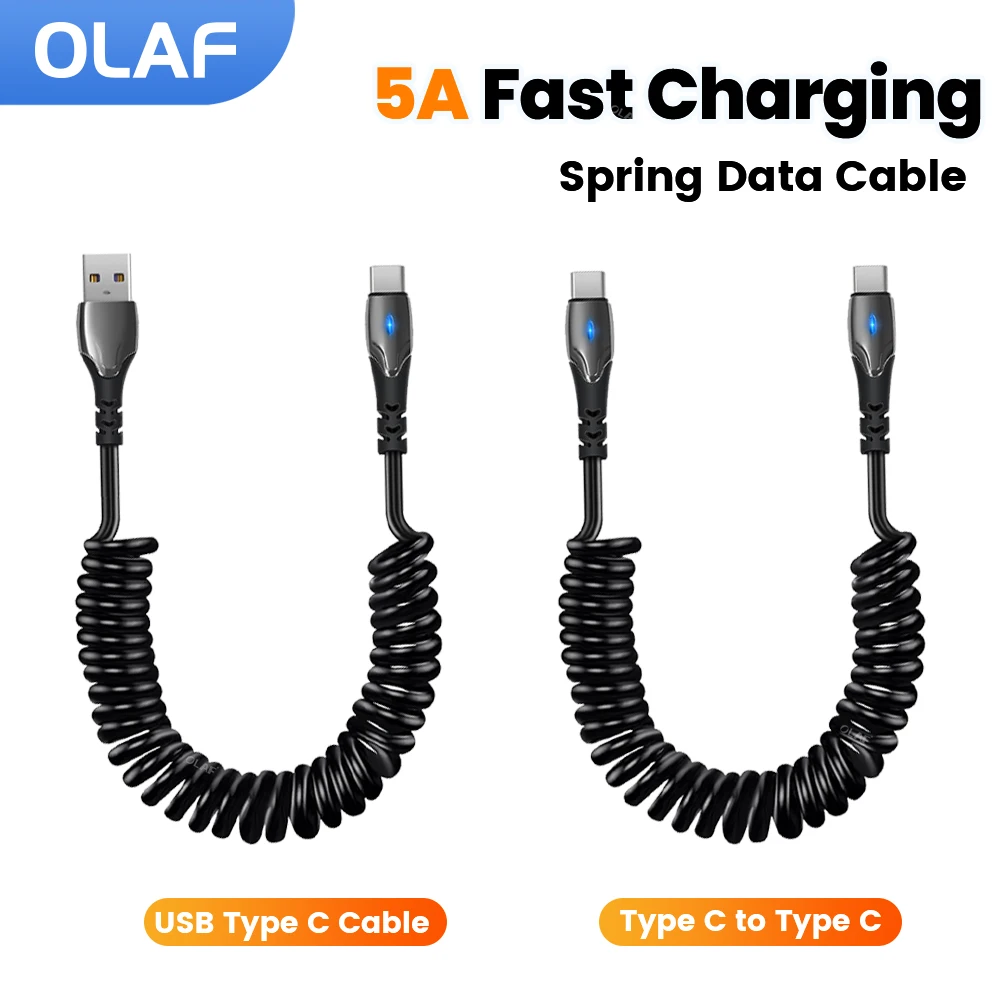 5A Spring Data Cable 100W Retractable USB Type C Cable for Samsung Huawei Xiaomi PD Fast Charging Cable for iphone 15