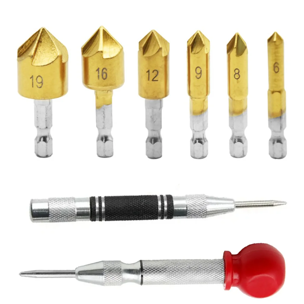 

Countersink Drill Bit Countersink Drill Bit Set 1/4'' Hex Shank HSS 5 Flute Countersink 90 Degree Center Punch Tool