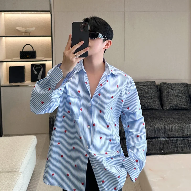 

Spring Summer Men's Long Sleeve Shirt Blue Stripe Print Design Drapey Style Korean Version Fashionable Casual Standard Fit