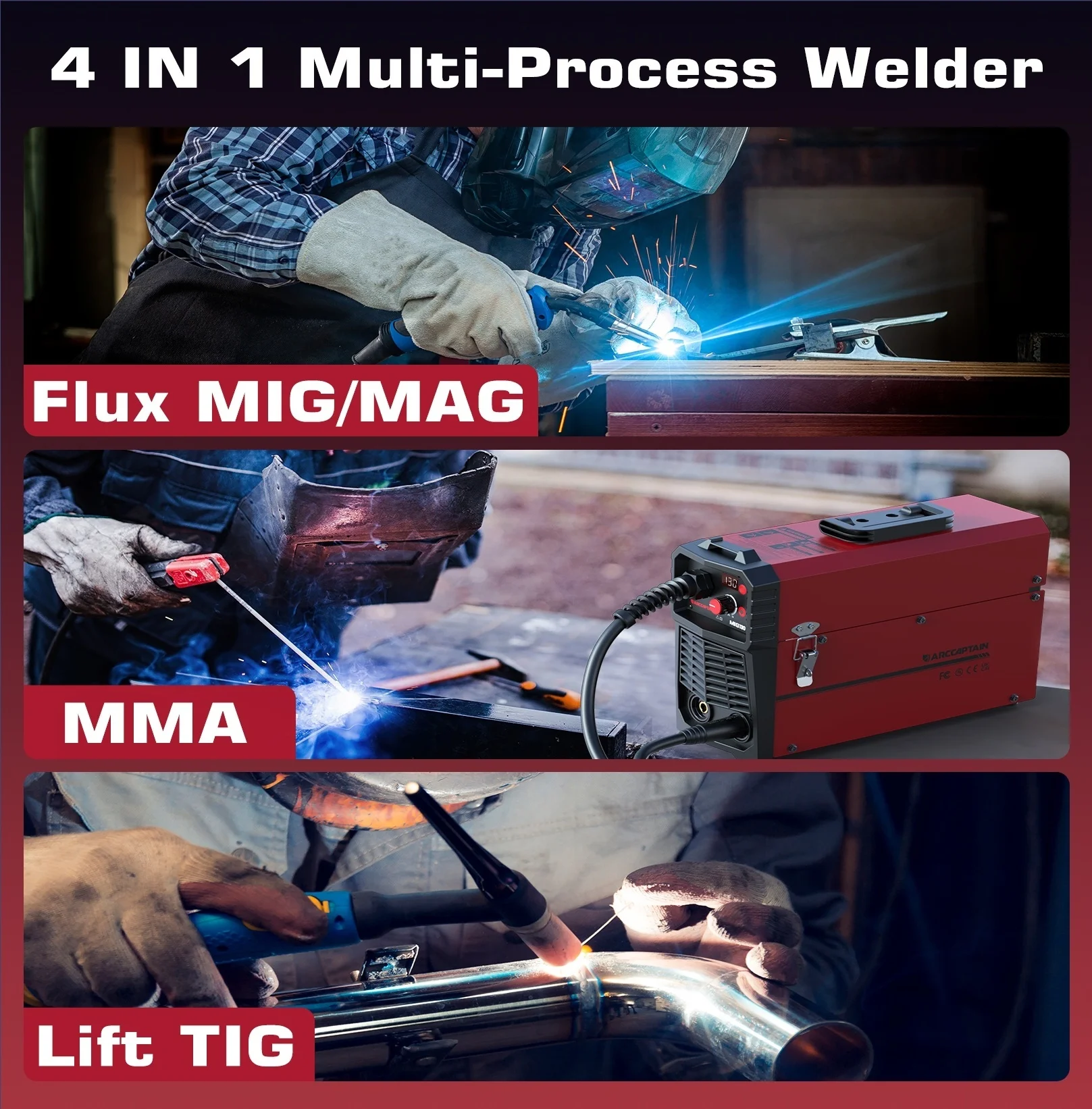 ARCCAPTAIN 4 in 1 220V 140Amp Semi-automatic MIG Welding Machine Lift Tig Argon ARC MMA Mig MAG Welder No Gas IGBT Synergy Tools