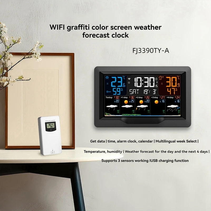 Tuya-インテリジェントウェザーステーション,Wi-Fi,温度および湿度計,天気予報,屋内および屋外の目覚まし時計,EUプラグ